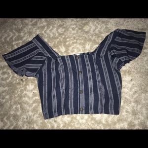 blue striped off the shoulder top